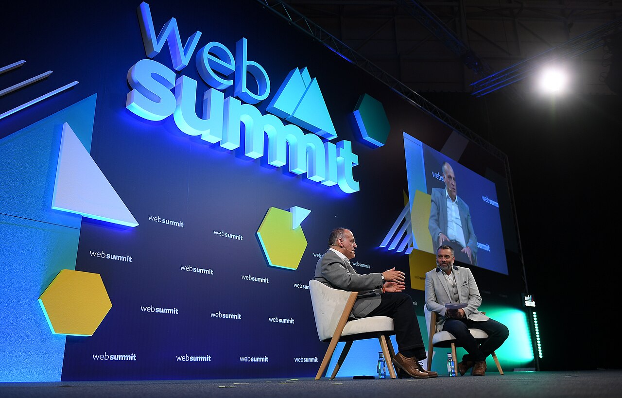 Javier Tebas, President of La Liga, speaking on stage at Web Summit 2019 in Lisbon, Portugal / Photo by Piaras Ó Mídheach/Web Summit via Sportsfile