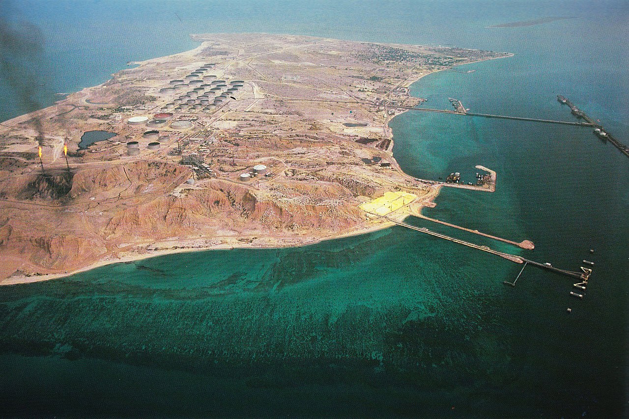 Kharg Island, Iran showing oil terminal infrastructure from 1973 aerial view / U.S. Navy photo via Wikimedia Commons