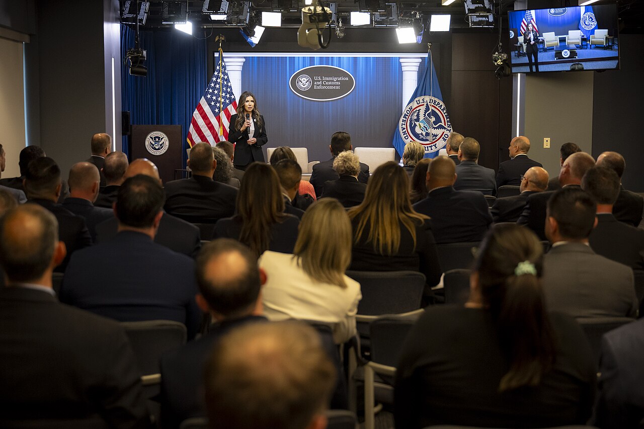 Department of Homeland Security Secretary Kristi Noem speaking to U.S. Immigration and Customs Enforcement (ICE) Special Agents in Charge and Field Operations Directors at ICE Headquarters in Washington, D.C. / DHS photo by Tia Dufour