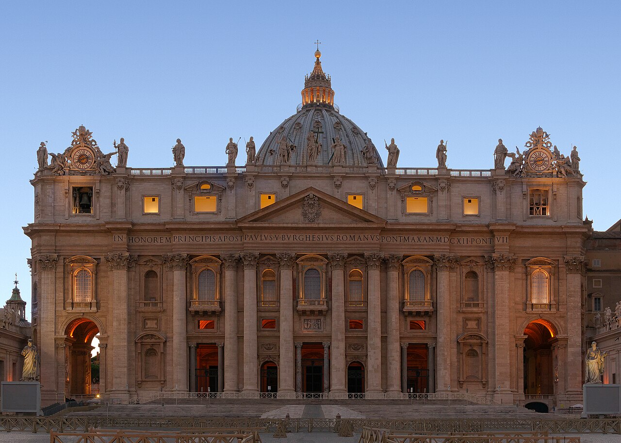 Facade of Saint Peter's Basilica at dusk in Vatican City, showing the iconic front of the cathedral / Jebulon, CC0 Public Domain Dedication