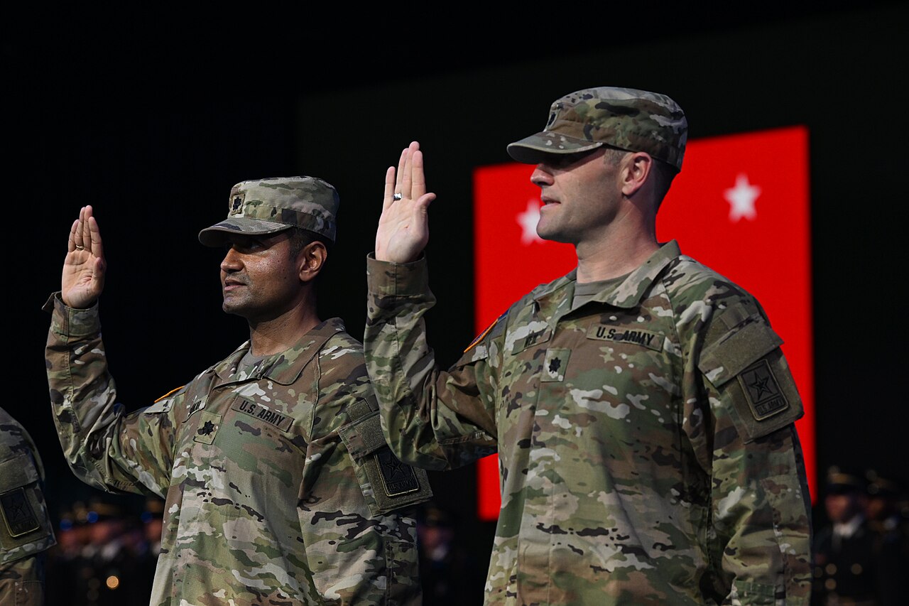 U.S. Army Lt. Col. Shyam Sankar reciting the Oath of Office during a Detachment 201: The Army's Executive Innovation Corps commissioning ceremony at Joint Base Myer-Henderson Hall, Virginia, June 13, 2025 / U.S. Army photo by Leroy Council