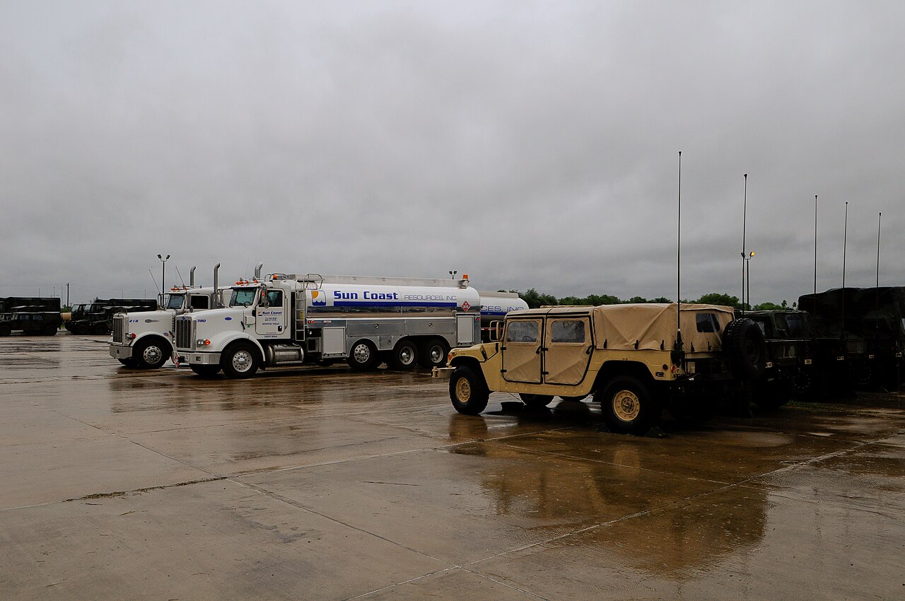 Texas Army National Guard Armory in Weslaco, Texas serving as staging area for federal and state response to Hurricane Dolly, with fuel, medical supplies, and disaster relief support ready for dispatch / Barry Bahler/FEMA