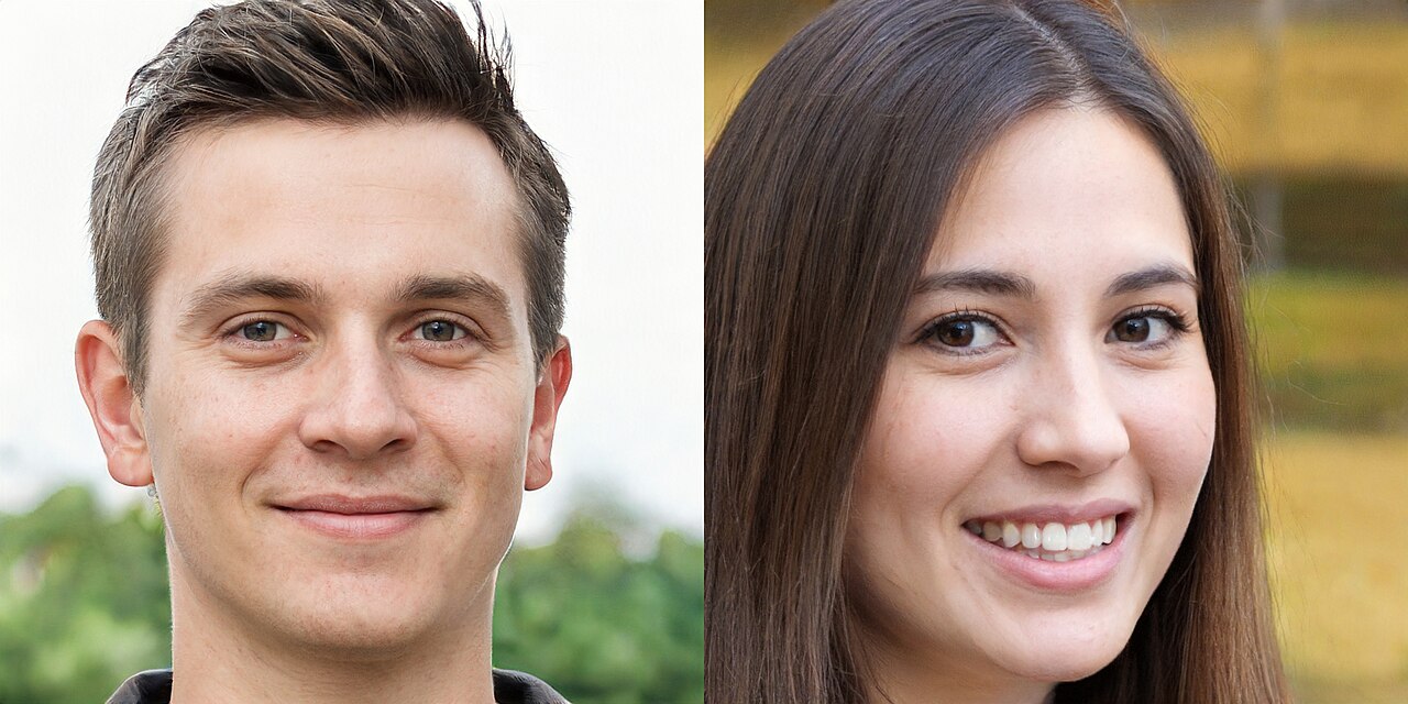 Two computer-generated faces of a man and a woman that appear realistic but are AI-generated, demonstrating how deepfake technology creates fictional people / Public domain