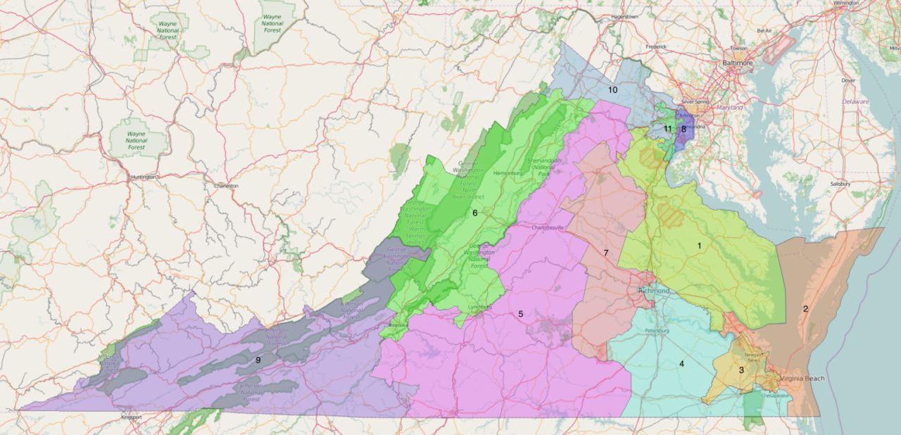 Map showing Virginia's congressional district boundaries from the 2016 court-ordered redistricting / Public domain, via Wikimedia Commons