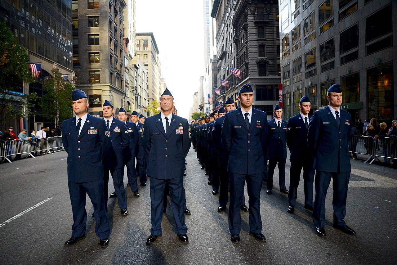 Airmen from Joint Base McGuire-Dix-Lakehurst marching in a Veterans Day parade in New York City on Nov. 11, 2014 / U.S. Air National Guard photo by Tech. Sgt. Carl Clegg/Released