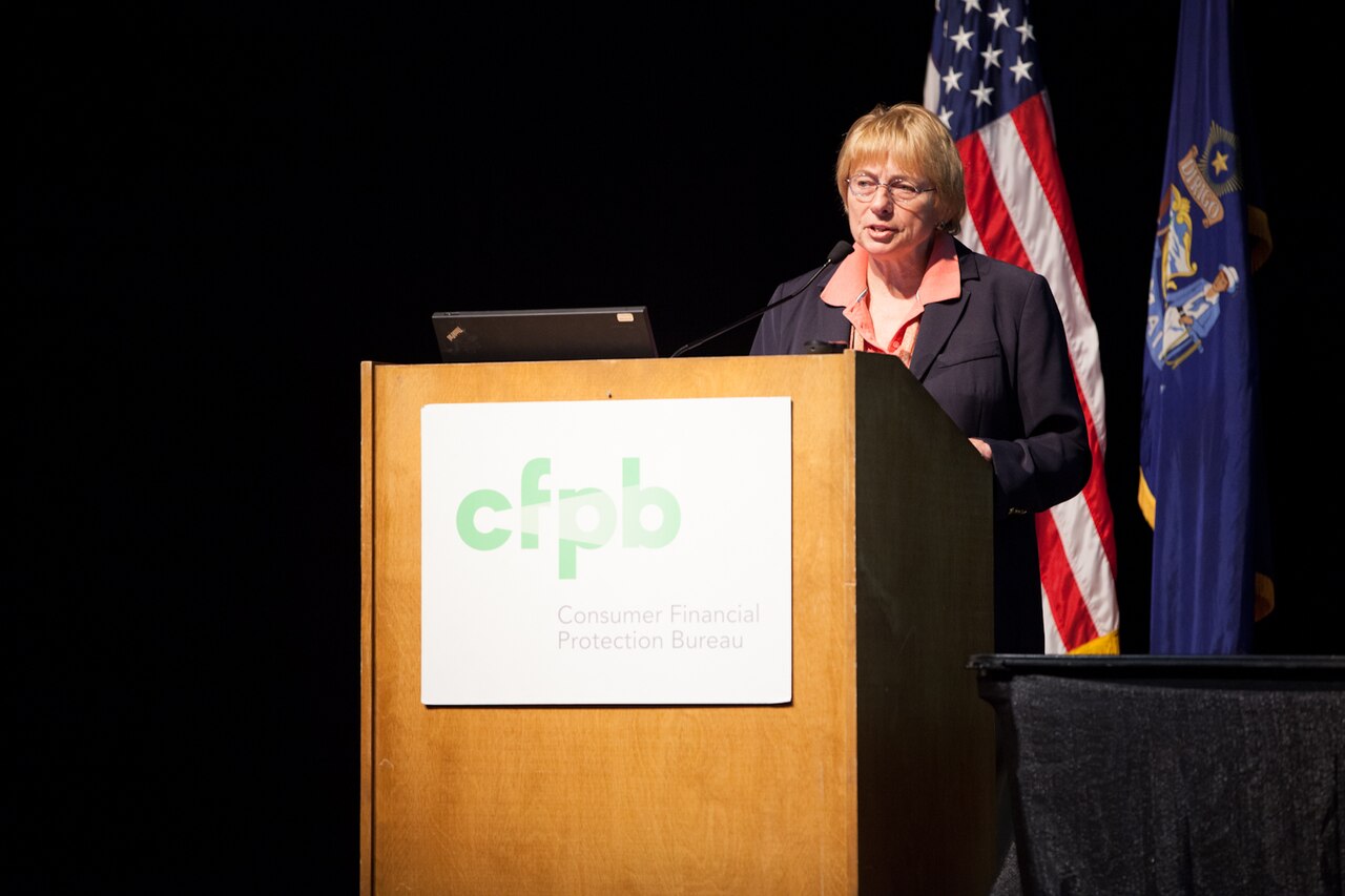 Maine Governor Janet Mills speaking at a field hearing on debt collection practices / Department of Justice