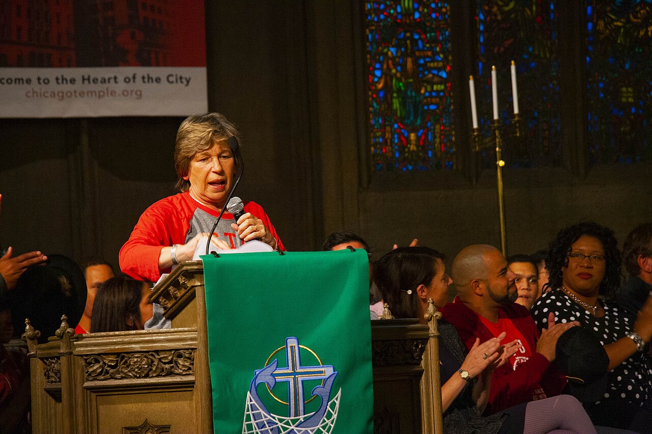 Randi Weingarten, President of the American Federation of Teachers, at a Chicago Teachers Union rally in 2019 / No attribution provided in source