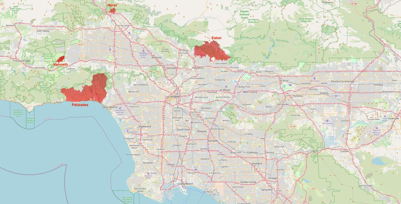 Aerial view showing active wildfires burning across Southern California terrain / No attribution provided