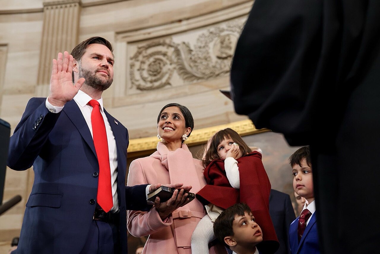 JD Vance being sworn in as the 50th Vice President of the United States during his oath of office ceremony with family present / Public Domain / Official White House Photo