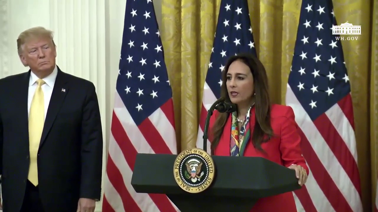 American lawyer and Republican party official Harmeet Dhillon speaking at the White House's Social Media Summit / Public domain