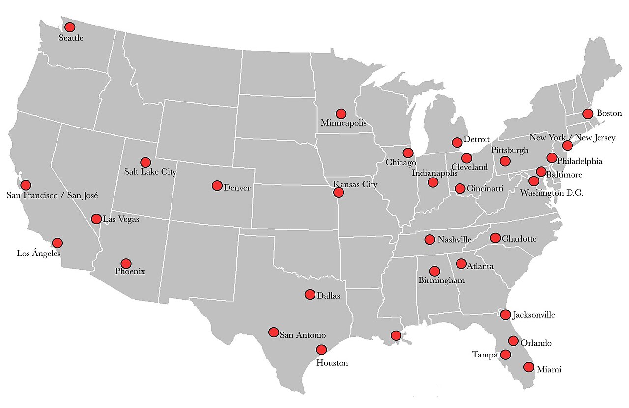 Map showing potential host cities in the United States for the 2026 FIFA World Cup / CC BY-SA 3.0 via Wikimedia Commons