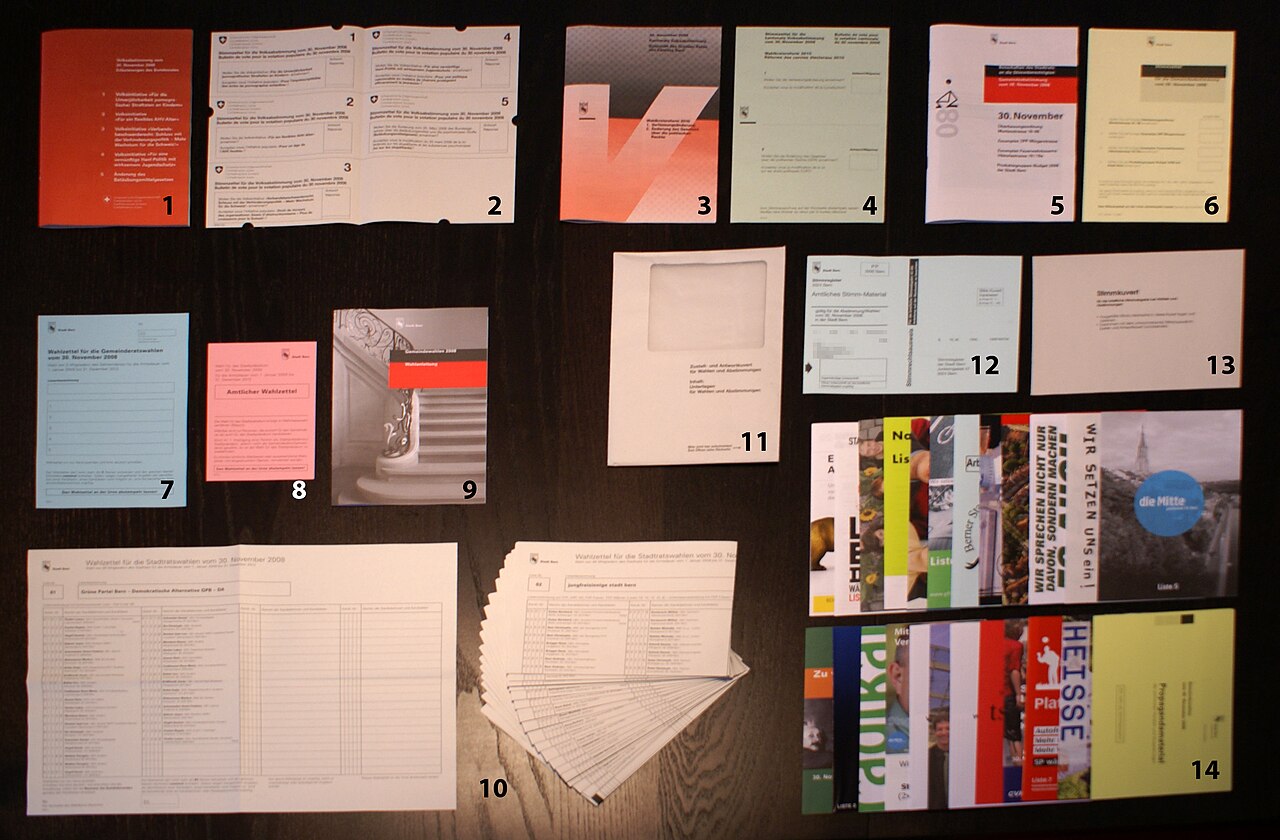 Swiss citizen's voting materials for referenda and elections, including ballot envelopes, voter identification card, and ballot sheets / Andreas T. Bauer/Wikimedia Commons
