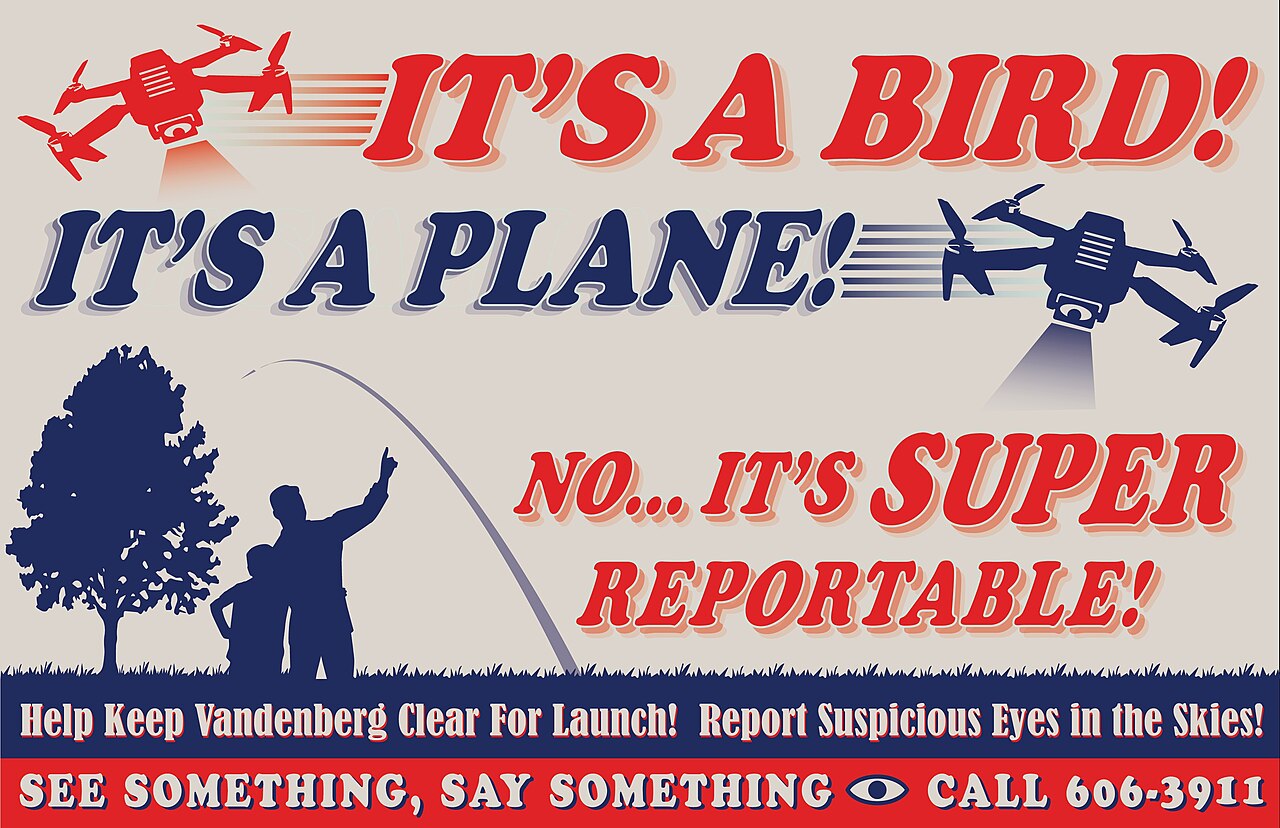 A "Vandenberg is a No Drone Zone" warning sign with accompanying informational text / NASA/Public Domain