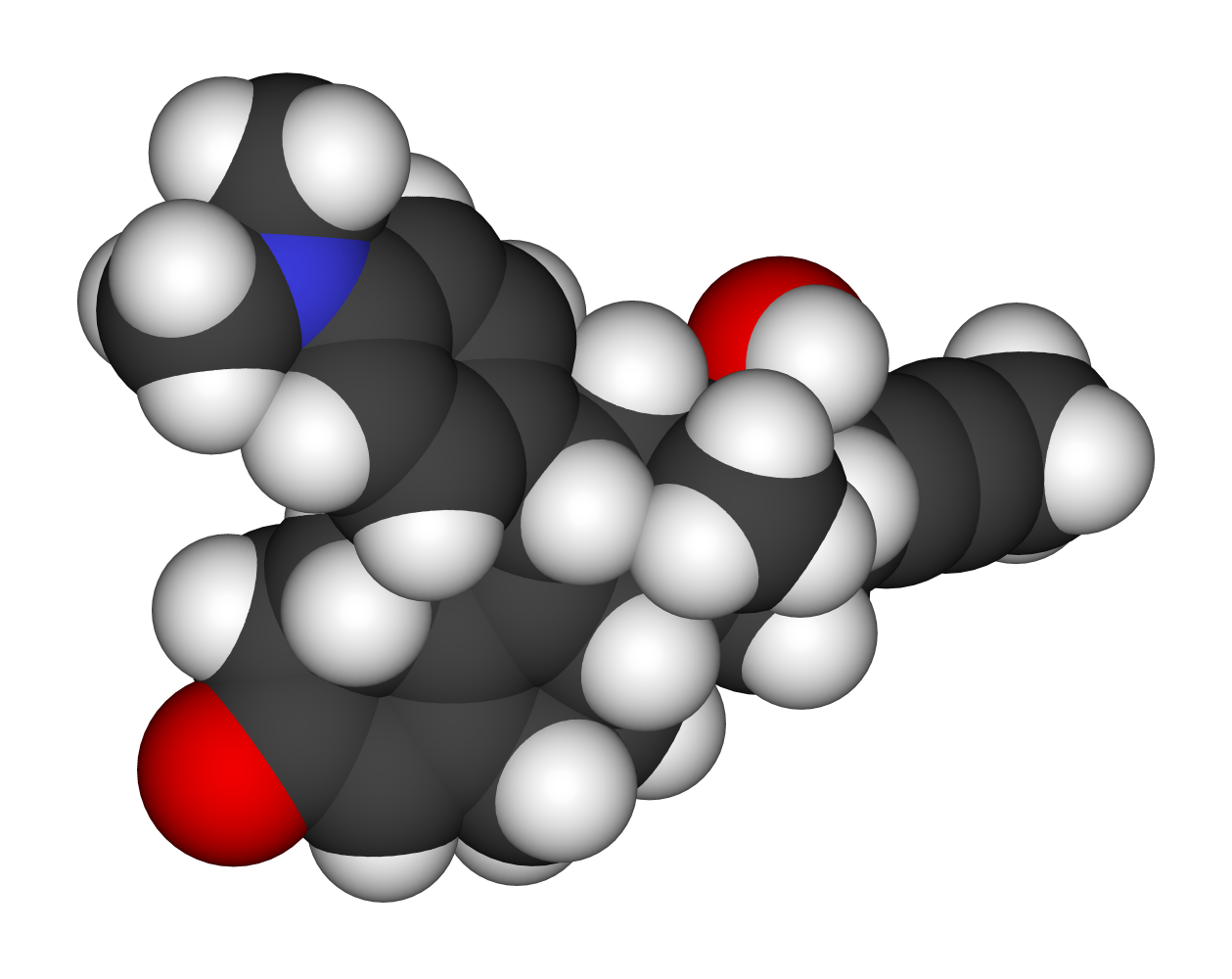 3D ball-and-stick model of mifepristone molecular structure / Public domain